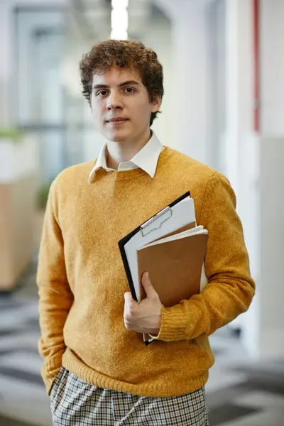 Vertical waist up portrait of young man in office looking at camera new employee and internship concept